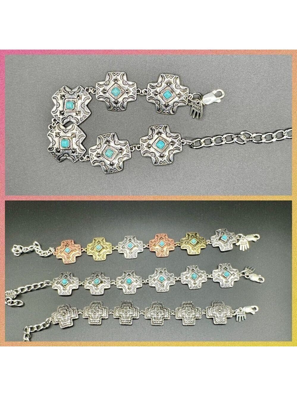 Faux Turquoise and Silver Tone Concho Chain Bracelet #1440